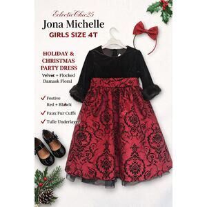 Jona Michelle Girls 4T Holiday Dress Red Velvet Flocked Damask Christmas Dress